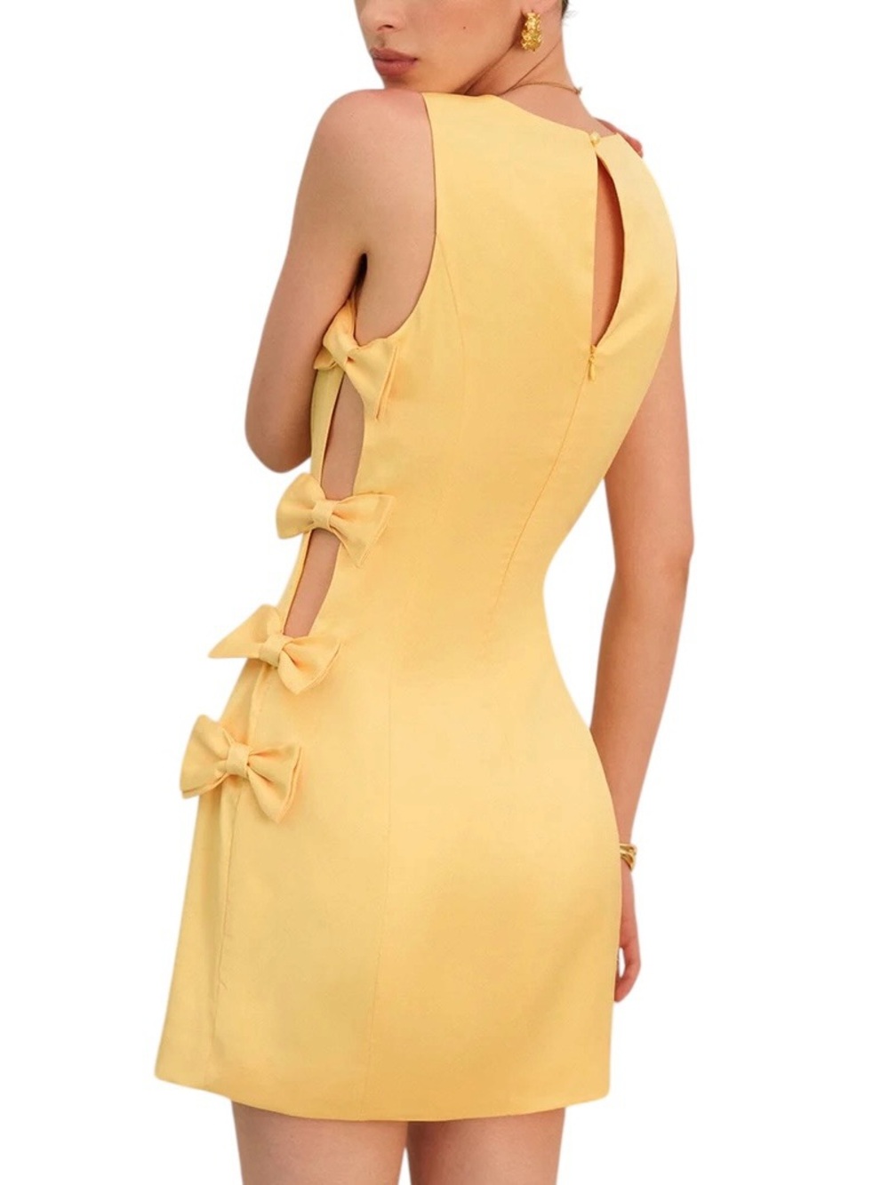 Commense Yellow Side-Bow Sleeveless Mini Dress